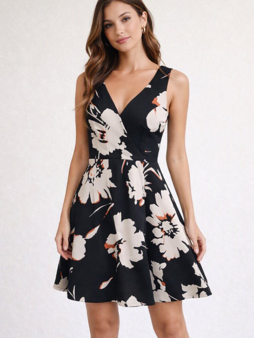 Anthropologie Maeve Black Floral V-Neck Fit-and-Flare Dress with Cream Accents